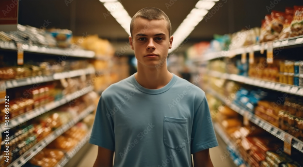 Young man working as a merchandiser in a supermarket, Shelves with food products background. Young man working as a merchandiser in a supermarket, Shelves with food products background.