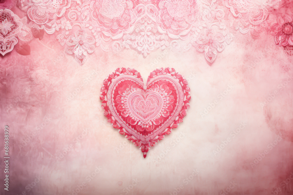 Delicate heart takes center stage against an ornate, mandala-like pattern with soft pink hues, conveying sense of romance and ethereal beauty of love, suitable for Valentine's Day