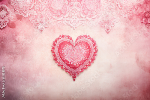 Delicate heart takes center stage against an ornate  mandala-like pattern with soft pink hues  conveying sense of romance and ethereal beauty of love  suitable for Valentine s Day