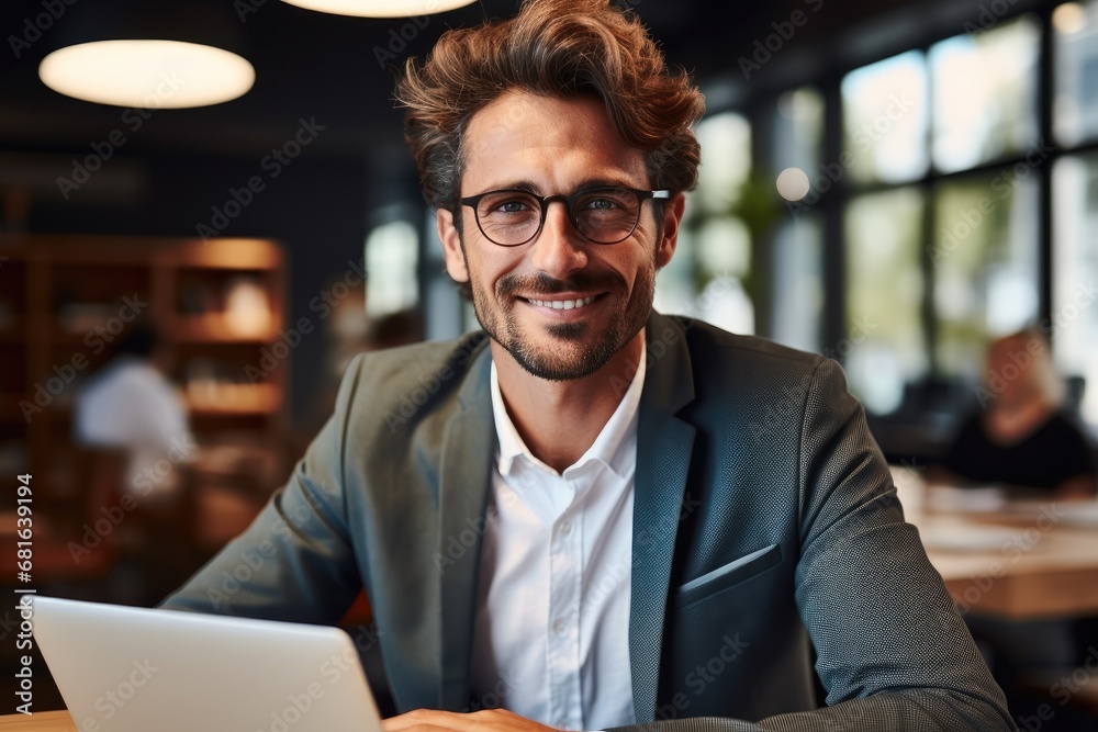 Smiling businessman at his desk at office. Smiling businessman at his desk at office.