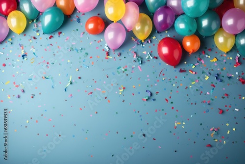 Colorful balloons and confetti on blue background  space for text