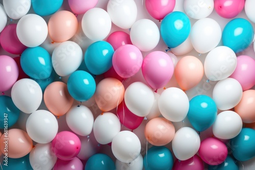 Colorful balloons background. Flat lay, top view, copy space