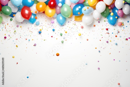 Colorful balloons and confetti on white background. Space for text