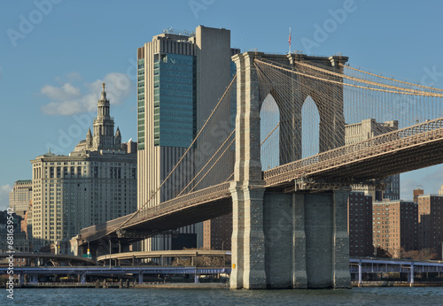brooklyn bridge view over hudson river with nyc skyline background (urban cityscape of manhattan) color photography detail, scenic, travel, tourism, visitors, destination, romance, engagement park photo