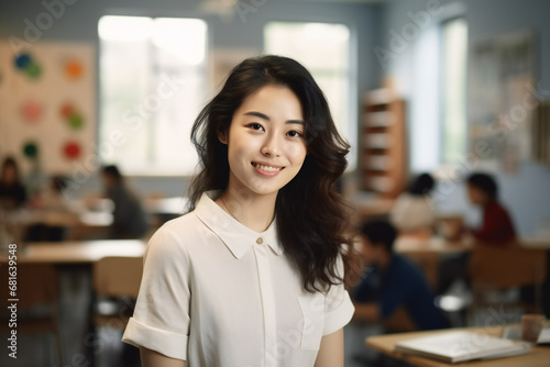 Portrait of a smiling Asian 30-year-old female teacher in a modern bright classroom, generated ai