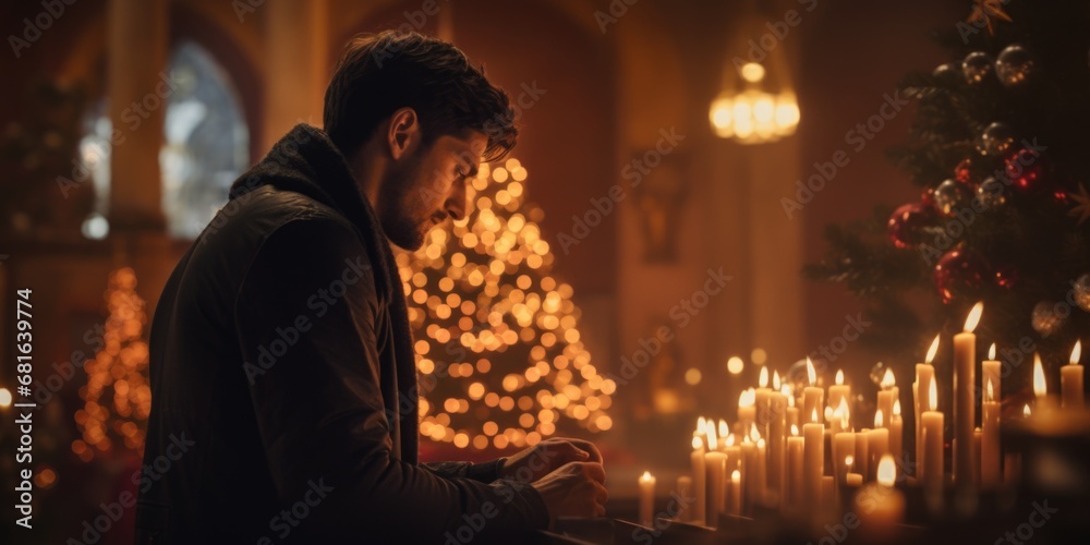 A man praying at Christmas in front of candles