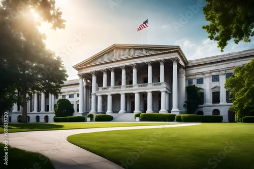 Royalty-free clip art portraying a serene courthouse surrounded by pillars and lawns, representing the dignified presence of both state and federal legal institutions