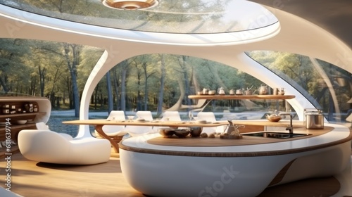 Organic interior lounge frontal kitchen at modern house, Futurism style.
