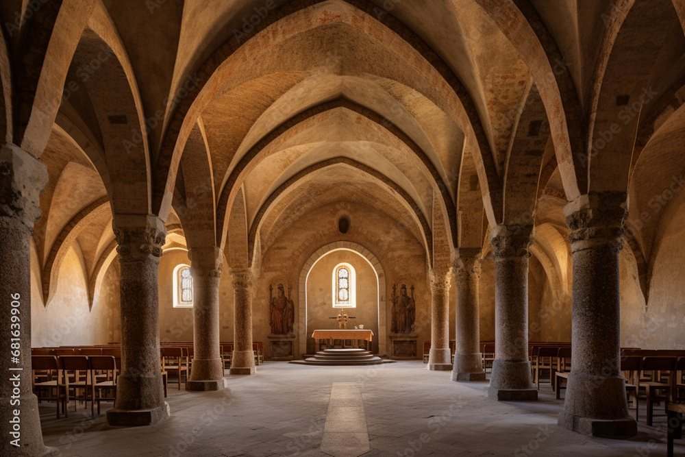 The interior of a Romanesque church, featuring barrel vaults, rounded arches, and timeless religious art.