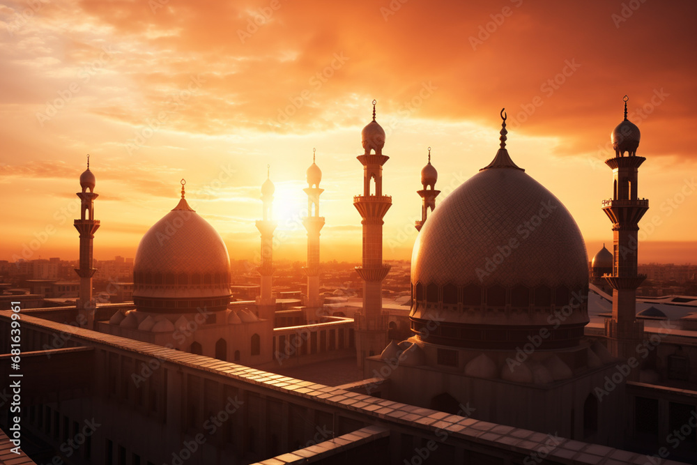 Fototapeta premium The domes of a mosque against the backdrop of a vibrant sunset, capturing the beauty of Islamic architecture.
