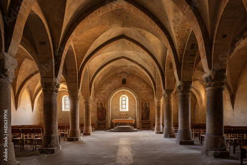 The interior of a Romanesque church  featuring barrel vaults  rounded arches  and timeless religious art.