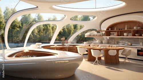 Organic interior lounge frontal kitchen at modern house, Futurism style. © visoot