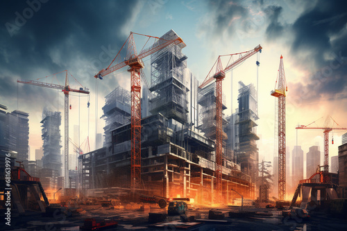 A dynamic image of a skyscraper under construction, with cranes and scaffolding against the urban skyline.