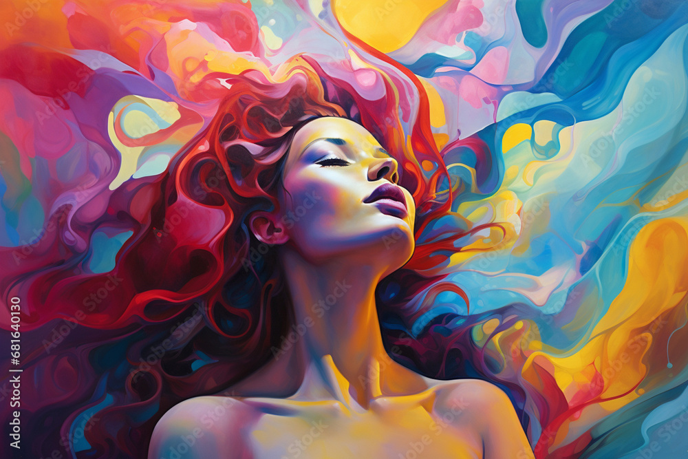 Bold and vivid colors forming an abstract figure, capturing the essence of a dreamscape within the human experience.
