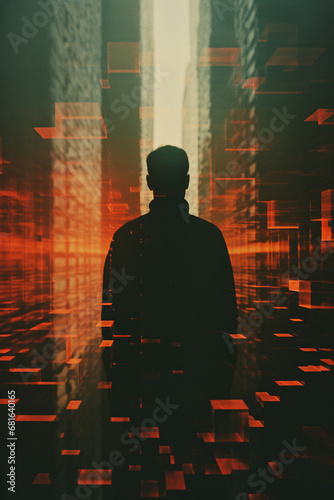 Pixelated and abstract shapes forming a human silhouette, exploring the concept of digital identity in the modern age.