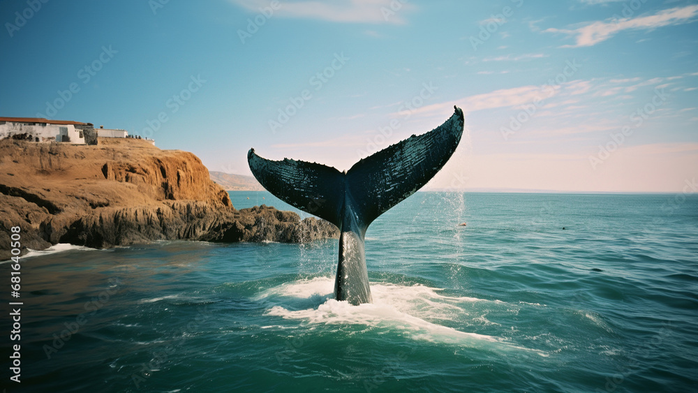 Fototapeta premium A breathtaking shot of a whale's tail emerging from the ocean, perfect for promoting adventure, exploration, and the wonders of the sea.