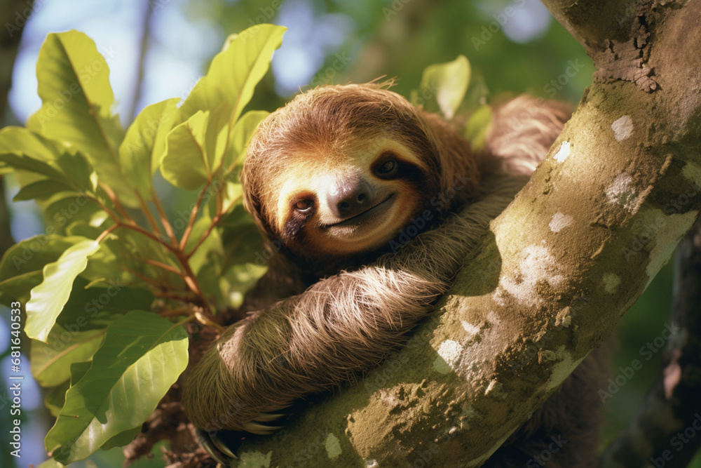 Naklejka premium A relaxed image of a sloth lounging in a tree, radiating tranquility, slow-paced living, and the beauty of taking it easy.