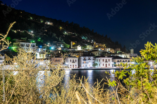 Gytheio city by night. Peloponnese region in Greece. Long exposure, sea side, Mediterranean architecture 