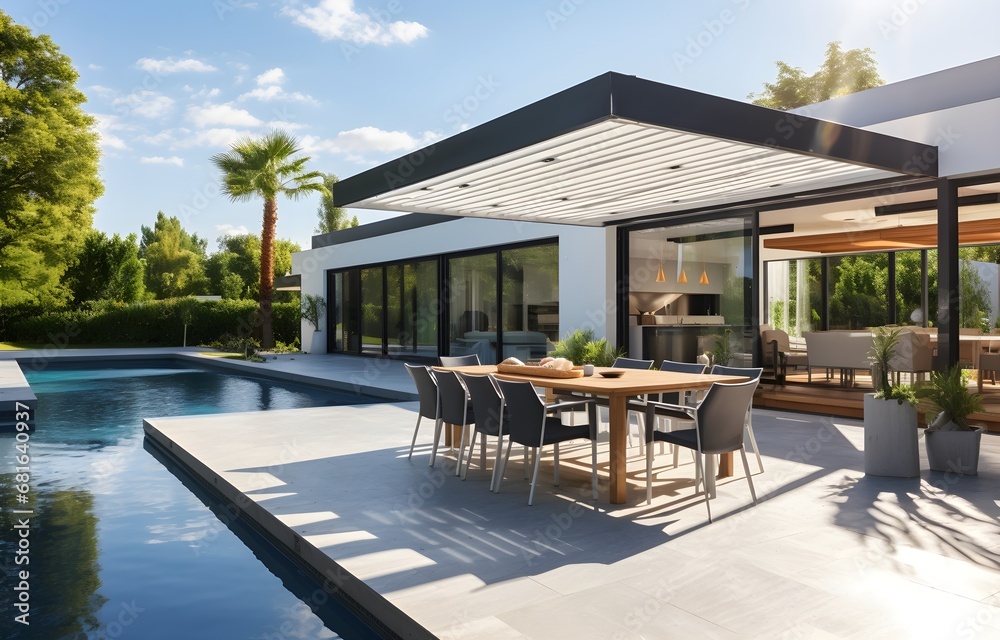 Fototapeta premium Sunbeds and dining zone near pool in backyard of modern house