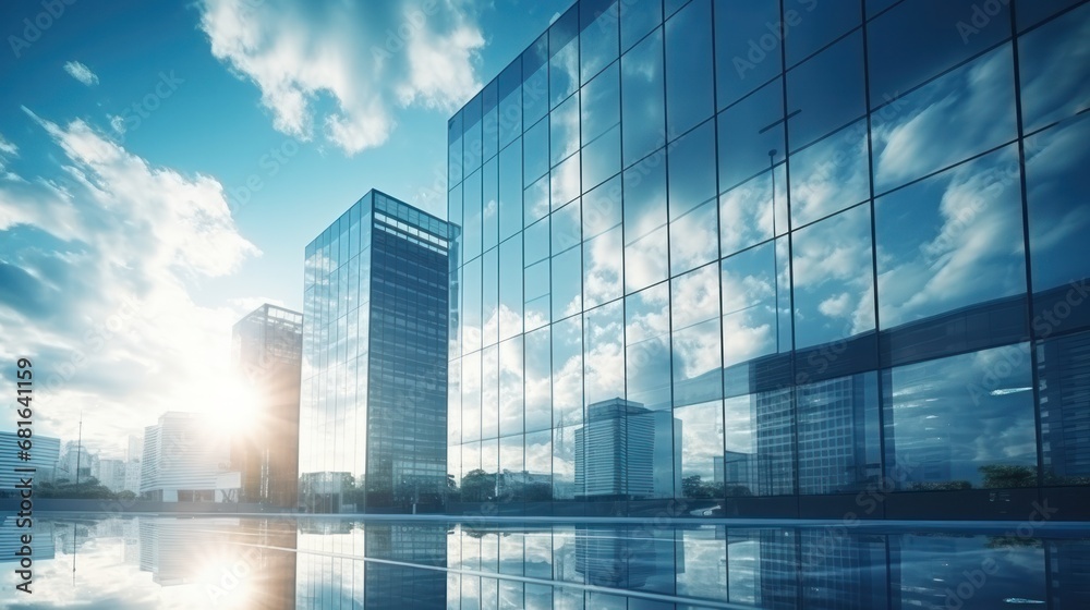 Modern office building or business center. High-rise window buildings made of glass reflect the clouds and the sunset. empty street outside wall modernity civilization. growing up business Modern office building or business center. High-rise window buildings made of glass reflect the clouds and the sunset. empty street outside wall modernity civilization. growing up business