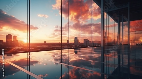 Modern office building or business center. High-rise window buildings made of glass reflect the clouds and the sunset. empty street outside wall modernity civilization. growing up business