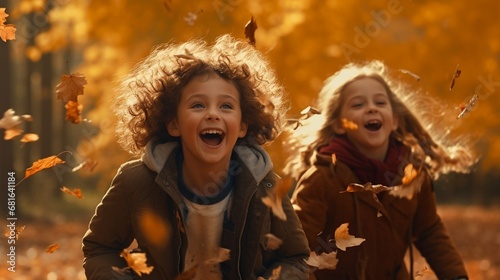 Three kids are having a great time playing outdoors among the autumn leaves.