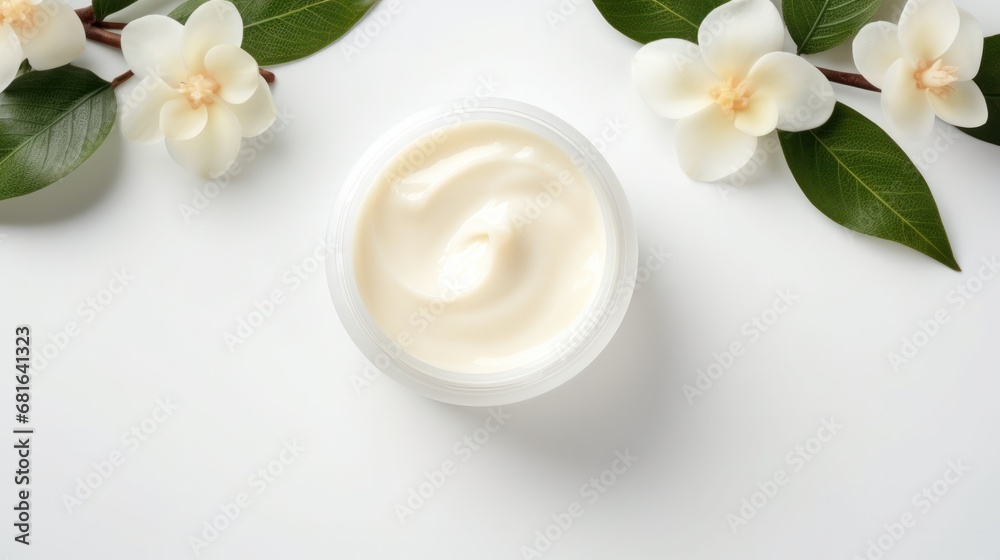 whitening and moisturizing Face cream in an open glass jar and flowers on white background. Set for spa, skin care and body products and solutions for skin problems such as scars, acne, wrinkles. whitening and moisturizing Face cream in an open glass jar and flowers on white background. Set for spa, skin care and body products and solutions for skin problems such as scars, acne, wrinkles.