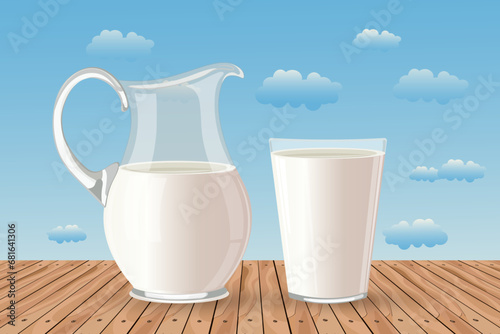 World Milk Day. A jug and a glass of milk on the background of a landscape with a cow. Banner, poster, vector