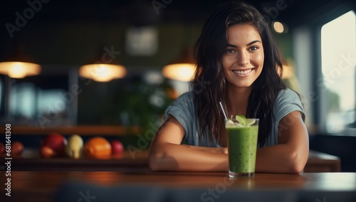 A Serene Moment of Refreshment: Woman Enjoying a Green Smoothie at a Table photo