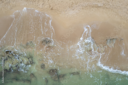 Sea landscape beach with turquoise water with copy space for text. Beautiful seascape of Sand beach aerial drone shot