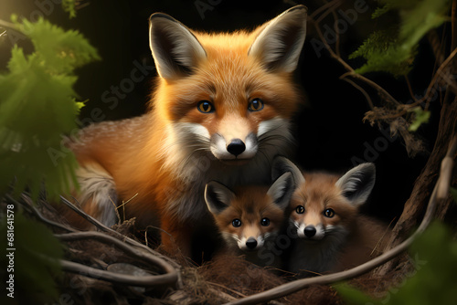 Fox and Kits - Curious and active, fox kits play and explore their den under the guidance of their mother © Russell