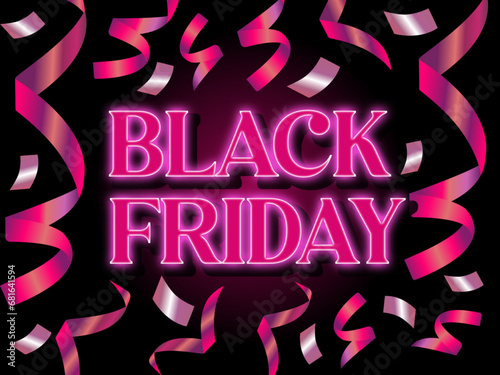 Neon pink black friday lettering with confetti on a dark background. eps file, vector