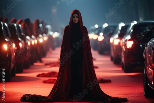 A red carpet event, Muslim woman walking on red carpet at night time.