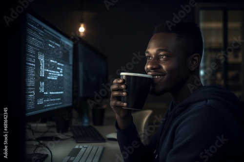 Smile black male software developer night work. Person internet man office desk. Generate Ai