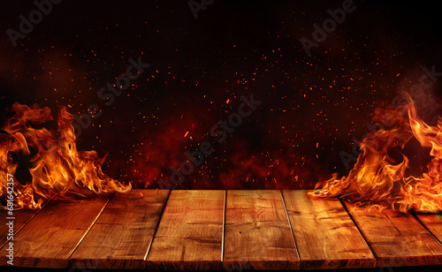 Wooden Table with Fire burn at the edge of the table, sparks, fire particles, and smoke in the air, with fire flames on a dark background to display hot and spicy products