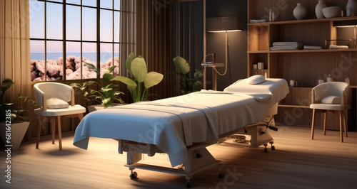 Massage table in spa salon with accessories.