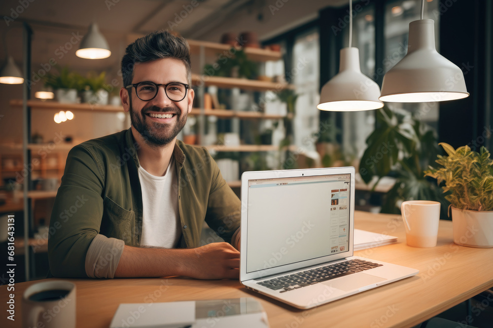 A freelancer man working in a trendy office, Working hard, Bright and happy. A freelancer man working in a trendy office, Working hard, Bright and happy.