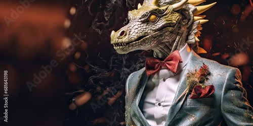 Dragon dressed in a classy modern suit, standing as a successful leader and a confident gentleman. Fashion portrait of an anthropomorphic animal, chimp, chimpanzee, posing with a charismatic