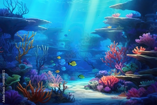 Underwater world with corals and tropical fish. 3d rendering, beautiful underwater scenery with various types of fish and coral reefs, AI Generated © Ifti Digital