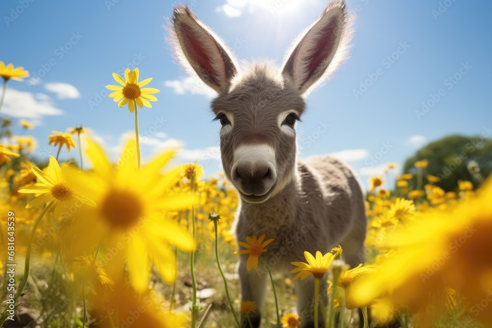 Donkey in a field of yellow daisies and blue sky, A tiny donkey in a sunny flower field, AI Generated