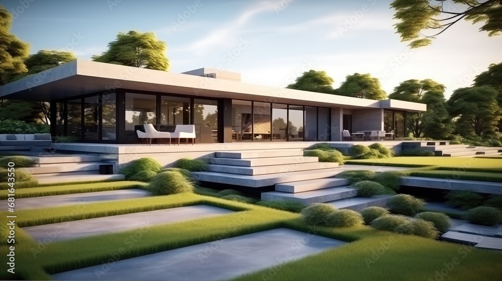 House with concrete terrace near empty grass floor, Green lawn in modern home.