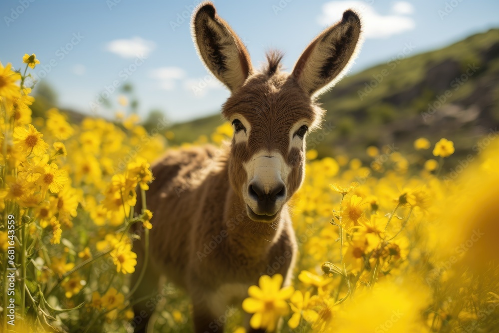 Donkey in a field of yellow flowers. Animal in the wild, A tiny donkey in a sunny flower field, AI Generated Donkey in a field of yellow flowers. Animal in the wild, A tiny donkey in a sunny flower field, AI Generated