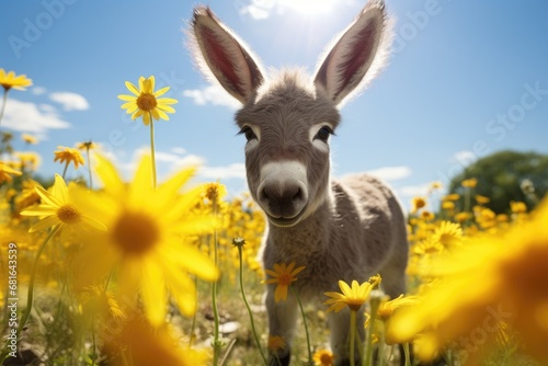 Donkey in a field of yellow daisies and blue sky, A tiny donkey in a sunny flower field, AI Generated