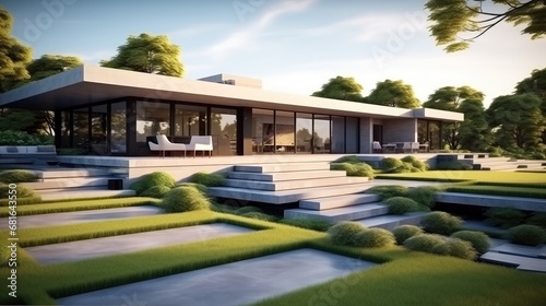 House with concrete terrace near empty grass floor  Green lawn in modern home.