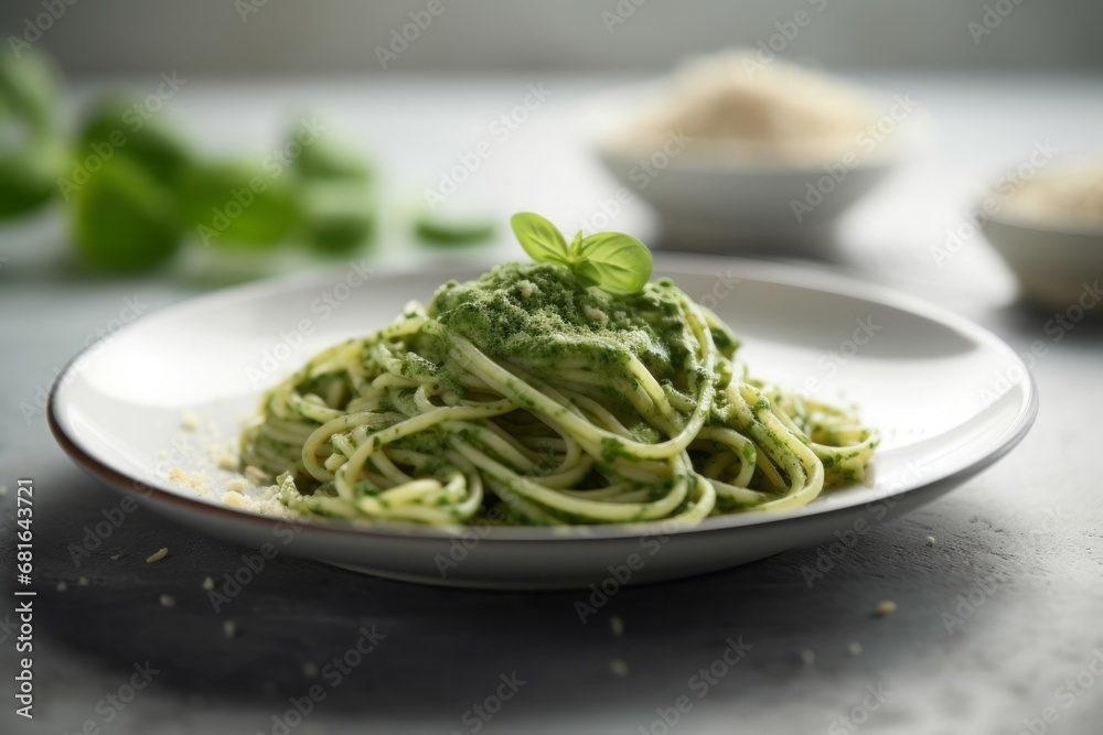 Spaghetti spinach pesto food leaf. Spread aromatic salad cuisine. Generate Ai Spaghetti spinach pesto food leaf. Spread aromatic salad cuisine. Generate Ai