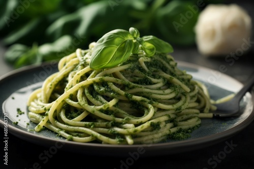 Spaghetti spinach pesto closeup food. Italian table dish basil plate. Generate Ai