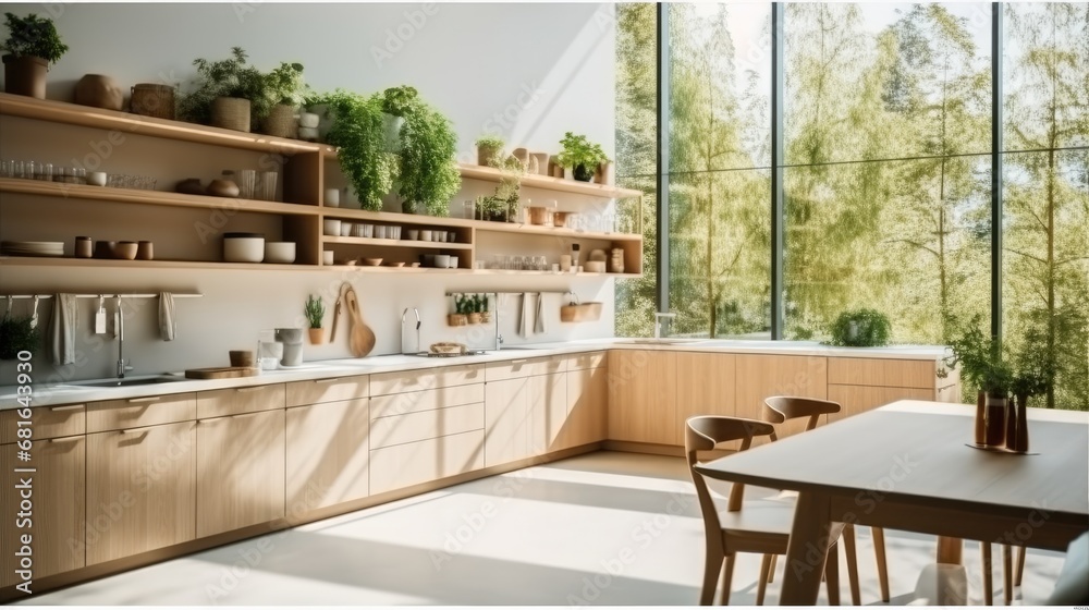 Modern kitchen with wooden cabinetry and green plants, Fresh living space.