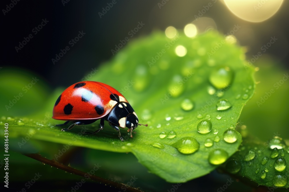 ladybug on green leaf with dew drops macro close up, Beautiful nature scene, Beautiful ladybug on leaf defocused background, AI Generated ladybug on green leaf with dew drops macro close up, Beautiful nature scene, Beautiful ladybug on leaf defocused background, AI Generated