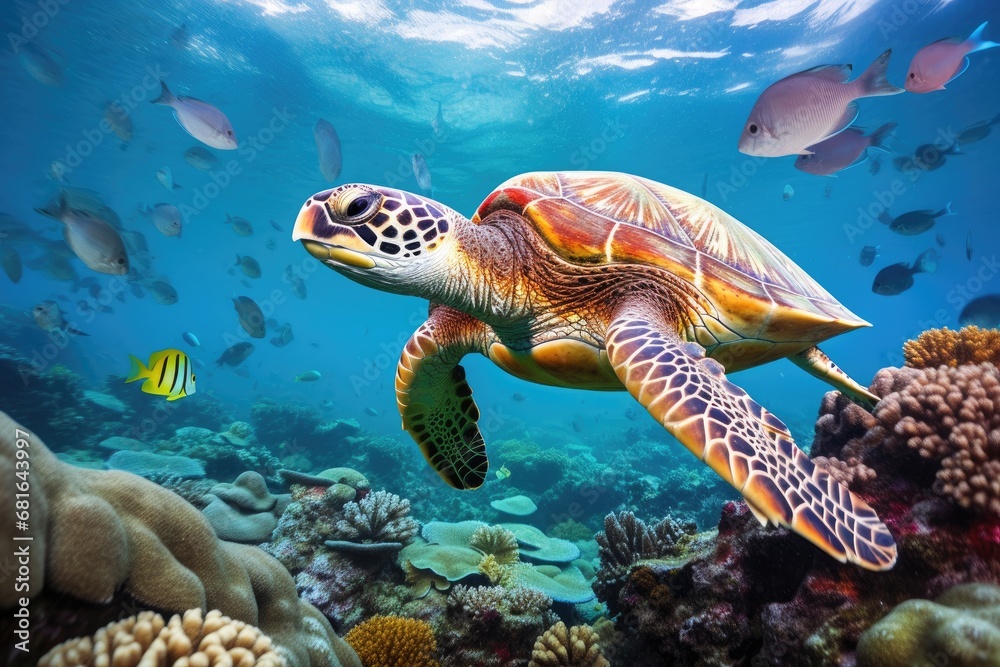 Fototapeta premium Hawaiian Green Sea Turtle Chelonia mydas in the Red Sea, Beautiful turtle swimming among fishes in blue water of ocean, AI Generated