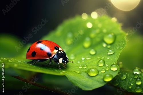 ladybug on green leaf with dew drops macro close up, Beautiful nature scene, Beautiful ladybug on leaf defocused background, AI Generated